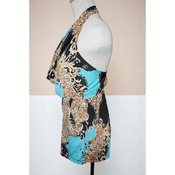Vintage Halter Romper Leopard Baroque Print Aqua Black Gold – Made in USA – Smal - Picture 6 of 7
